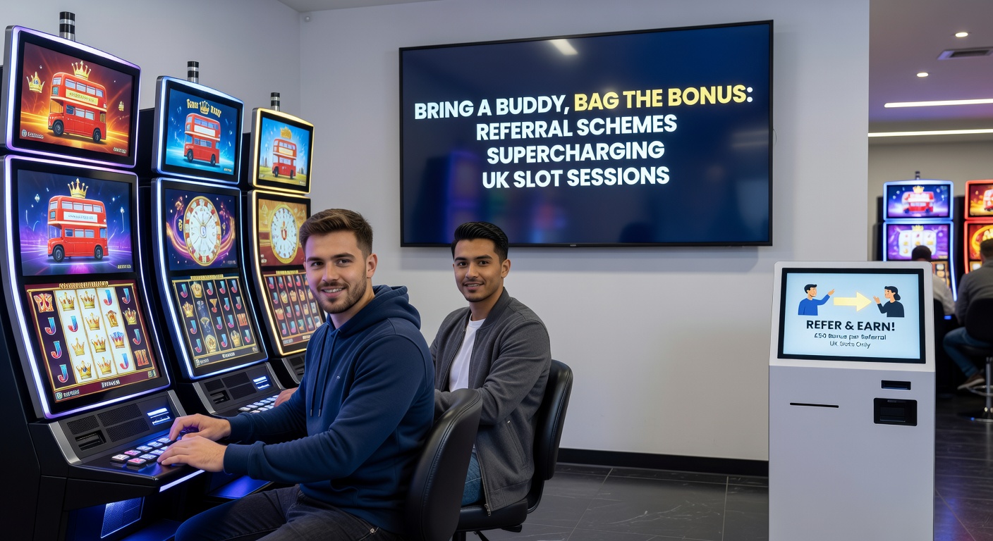 Illustration of two friends high-fiving over slot wins, with bonus icons representing referral rewards in a vibrant UK casino app interface
