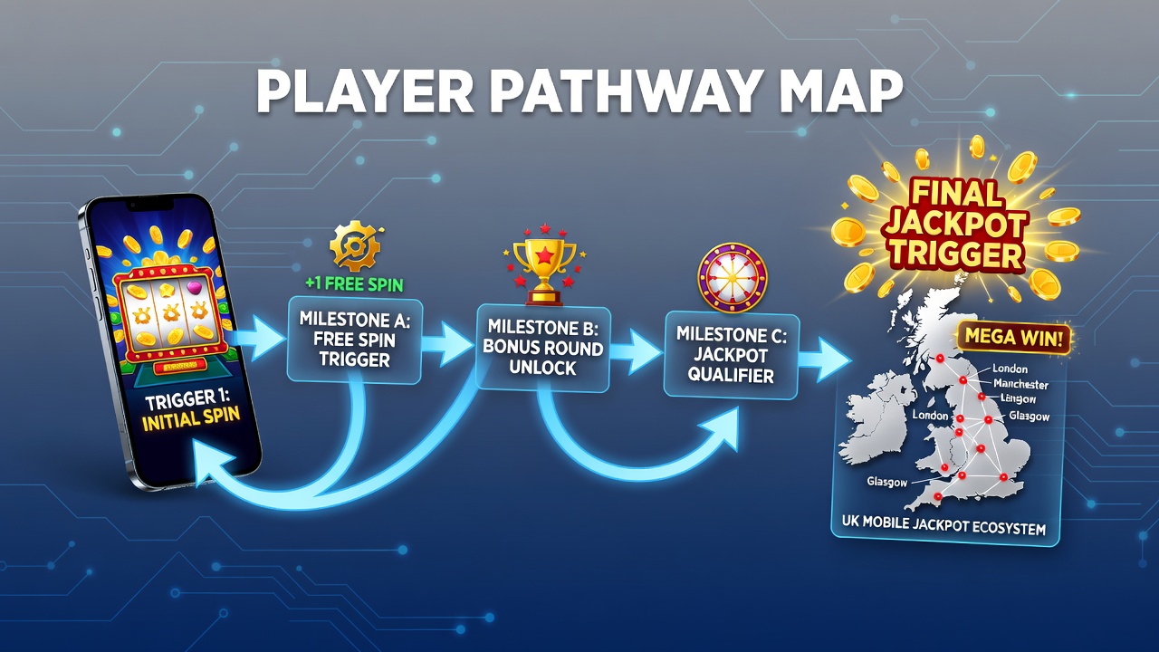 Infographic showing player flow from base spins through chained free spin sequences to jackpot activation in mobile casinos