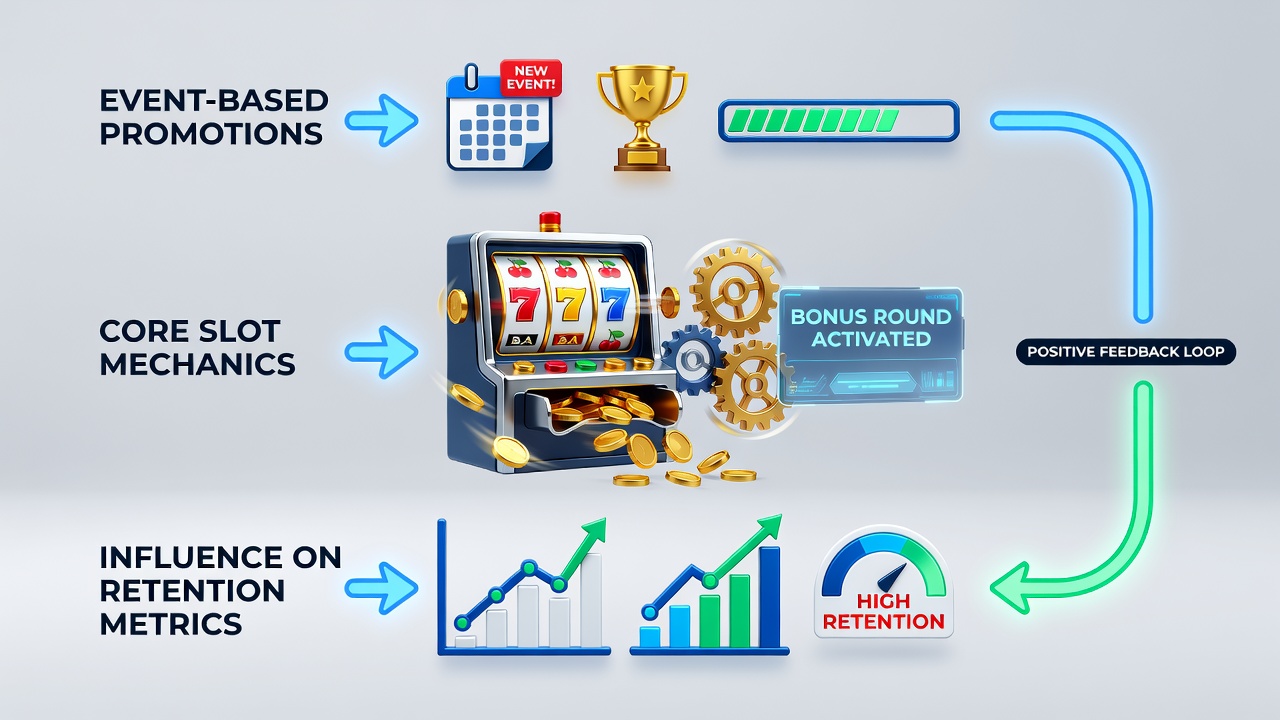 Analytics dashboard displaying retention curves alongside event-timed slot mechanic activations