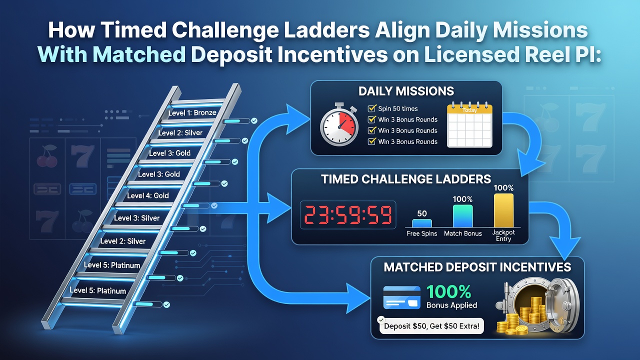 Screenshot example of a slot platform interface displaying aligned daily missions and deposit match rewards in a challenge ladder format