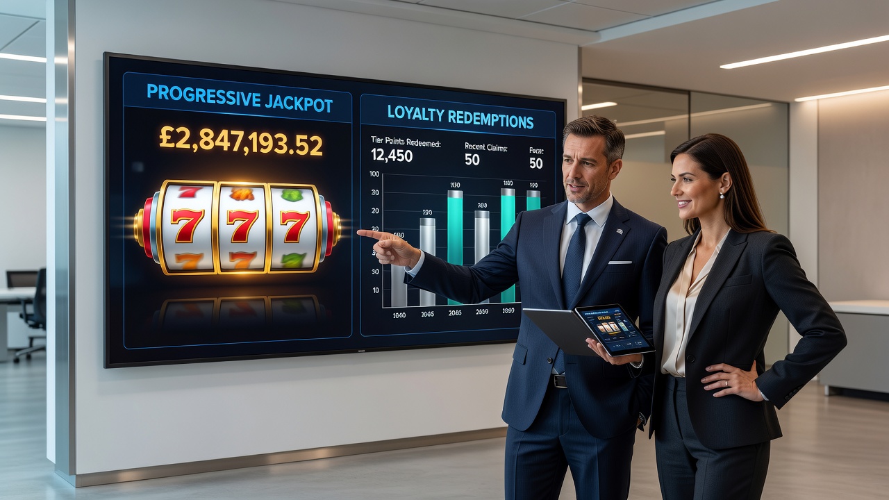 Loyalty dashboard in a UK casino app highlighting point redemption history next to active progressive jackpot status