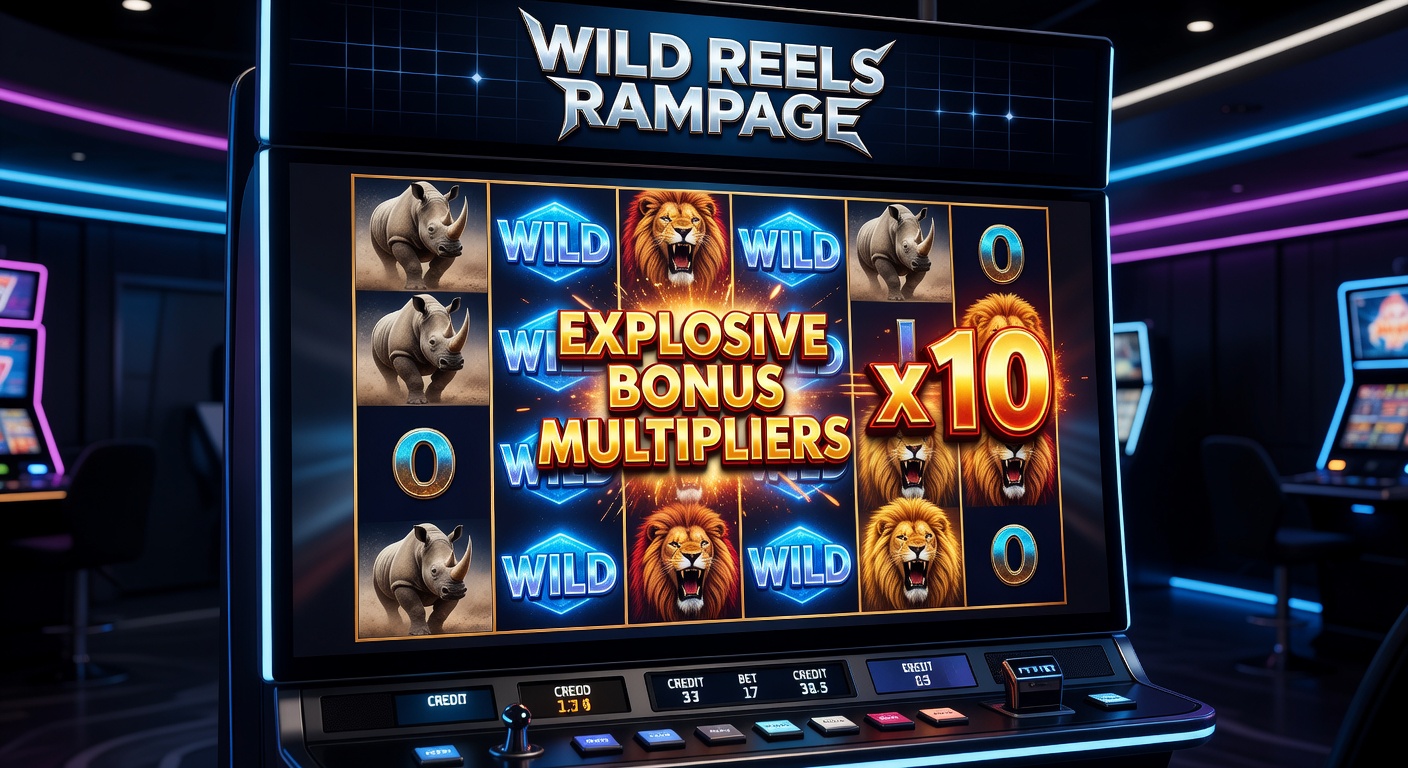 Close-up of a slot bonus round with wild reels rampaging horizontally and vertically, multipliers exploding in neon colors across the paytable